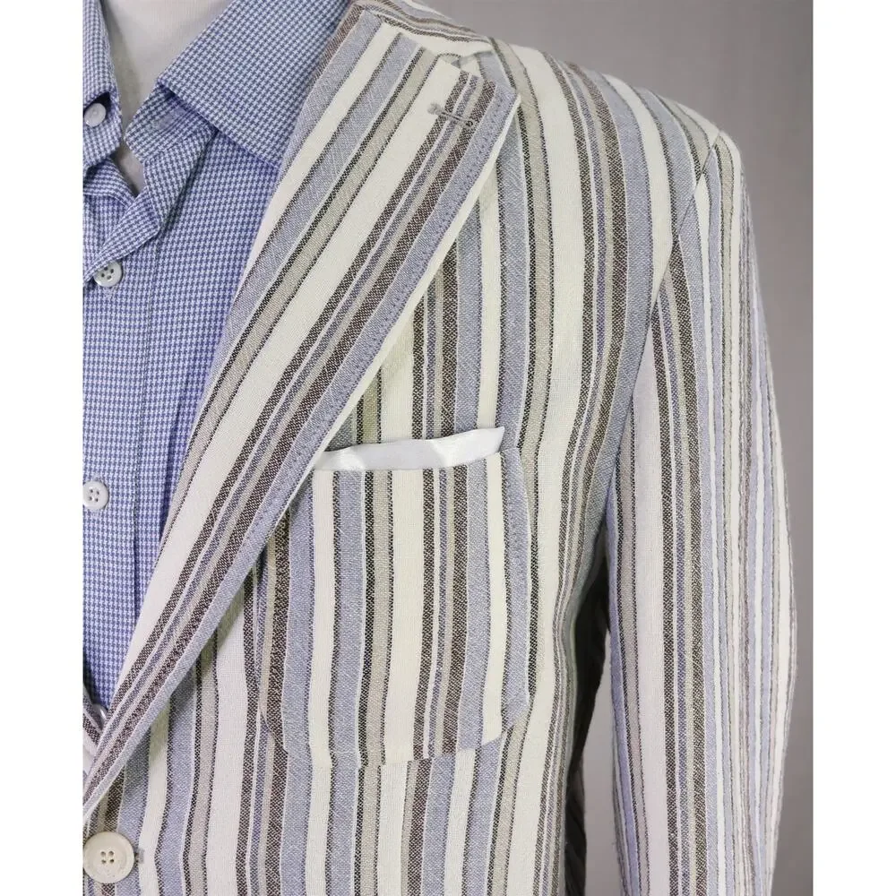 Barbati Blue Brown White Striped Patch Pocket Terry Cotton 2B Blazer Jacket 42R